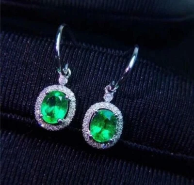2.3ct Lab-Created Drop Earrings Oval Emerald Diamond Halo White Gold Plated - Image 1 of 4