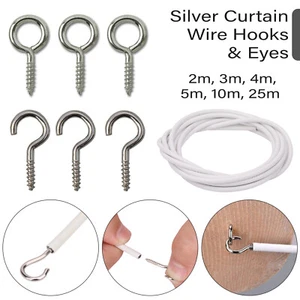 2M-25M White Net Curtain Wire Cord Cable with Hooks and Eyes Fittings Window - Picture 1 of 12
