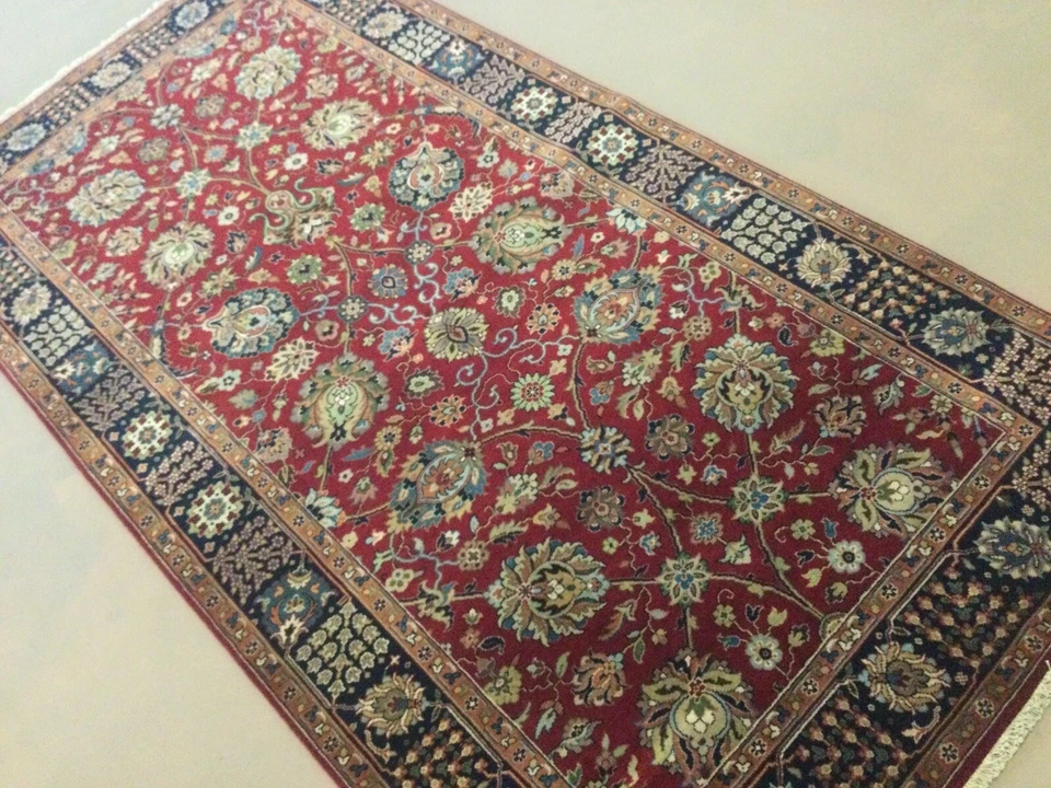 4’ X 8’ Red Navy Blue Fine Traditional Floral All-Over Oriental Rug Wool Foyer - Image 1 of 4