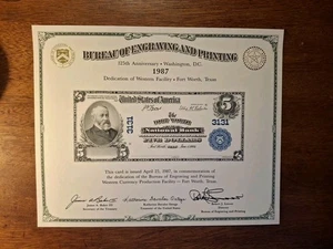 BEP Souvenirkarte B 104 Ft. Wert 1987 Gesicht 1902 5 $ Nationalbanknote Harrison - Bild 1 von 2