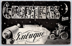 Dubuque Iowa lettera grande donna ~ auto autista ~ uomo nella luna ~ 1907 Art Nouveau - Foto 1 di 2