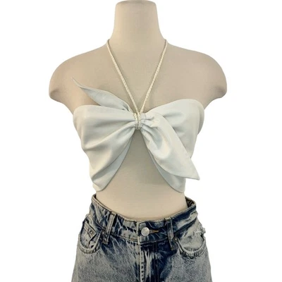 Alice + Olivia Bow Leather Cropped Top Halter Neck Smocked Back Soft White 10 - Image 1 of 4