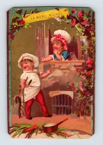 Tarjeta comercial La Mere Michel chef francés niños años 1890 4" x 2,75" - Imagen 1 de 2