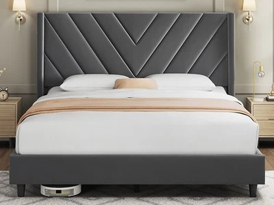 Full/Queen Upholstered Bed Frame with Wing Side Headboard, No Box Spring Needed - Image 1 of 4