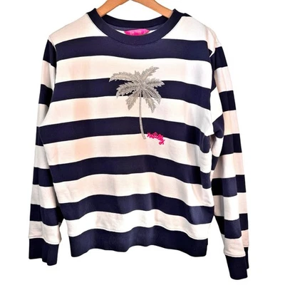 Lilly Pulitzer Ballad Sweatshirt Size Small Navy Blue White Stripe Palm Tree - Image 1 of 4