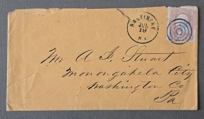 BALTIMORE MARYLAND 1860s #65 Cover to MONONGAHELA CITY PA - Image 1 of 2