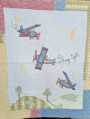  Sumersault Baby Boy Quilted Airplane 100% Cotton Crib Blanket Blue 44"x36" - Image 1 of 4