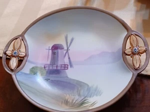 Antique Nippon 5.5" Porcelain Plate Windmill Landscape Scene Unique Handles - Picture 1 of 5