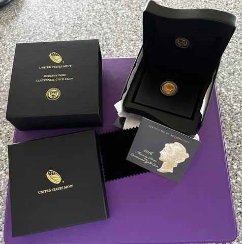 2016 Mercury Dime Centennial Gold Coin United States Mint Original Box COA Cover