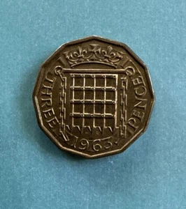 1963 Three Pence Münze Queen Elizabeth II - Portcullis Design - Messing - Bild 1 von 2