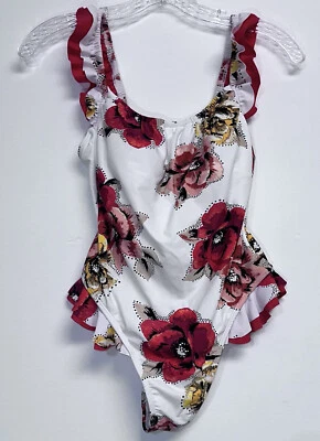 Traje de baño Decree de una pieza blanco rojo estampado floral rosa con volantes para mujer talla S Foto 1 de 4