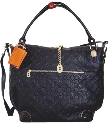 🌞BOLSO DE MANO GRANDE MARINO ORLANDI DISEÑADOR ITALIANO NEGRO TRONCO CUERO EN RELIEVE🌺NUEVO CON ETIQUETAS Foto 1 de 4