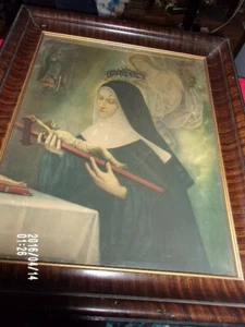 Vintage Framed Sister Teresa with crown of thorns and angel 26 x 21 #502 - Picture 1 of 10