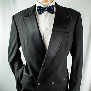 Traje Esmoquin JEFF & CO Negro Satinado Rayas Doble Pecho Talla 40L 38"W x 32"L - Imagen 1 de 24