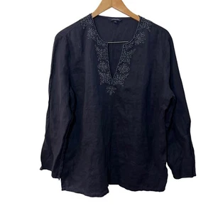 Lands End Beaded Blouse Large 100% Linen Embellished Dark Blue V Neck Woven Top - Picture 1 of 5