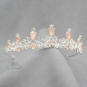 Tiara corona sposa opale rosa cristallo austriaco strass festa 73 argento - Foto 1 di 7