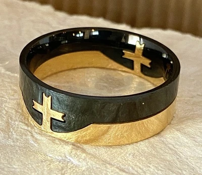 Cross Puzzle Two-Piece Puzzle Gold & Black Plated Stainless Steel Finger Ring - Image 1 of 4