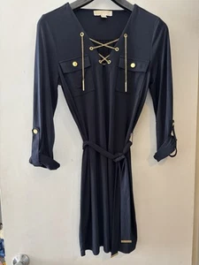 NWOT Women’s Dress MICHAEL KORS Navy Blue Gold Chain Lace Up Dress Midi Dress - Picture 1 of 5