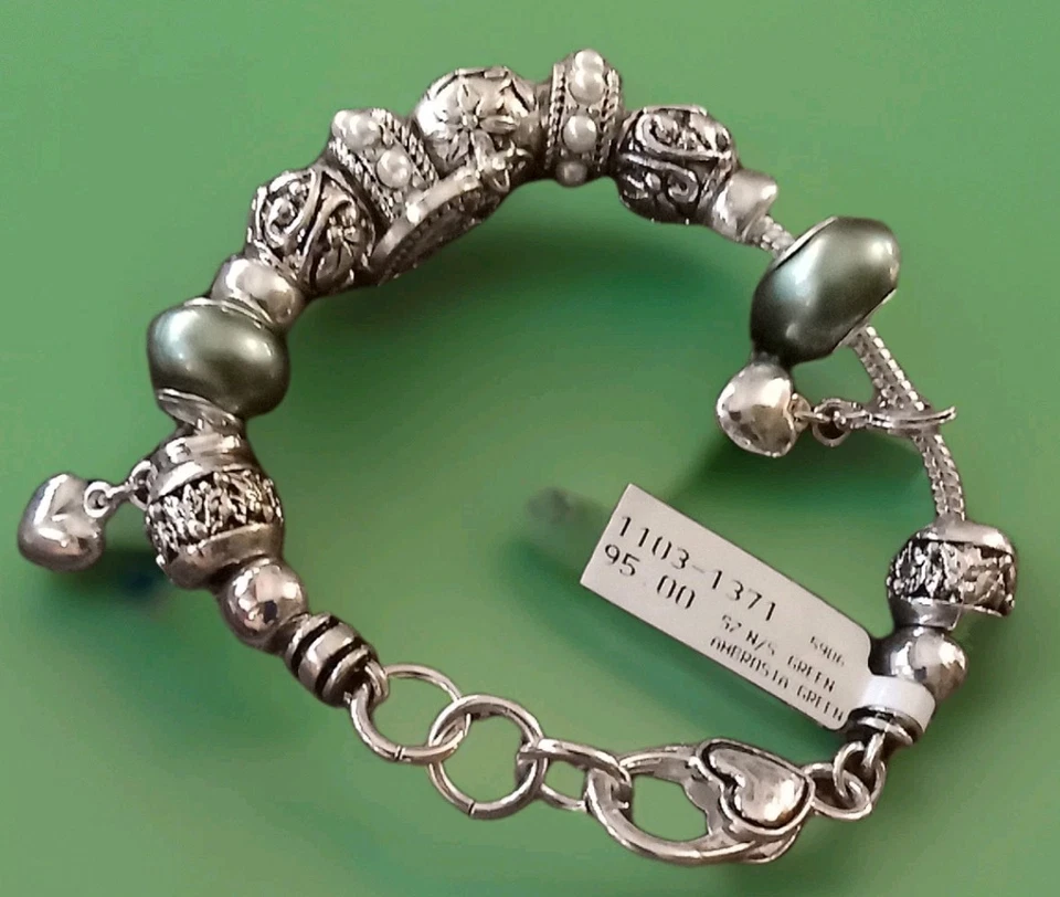 Ambrosia Green New Old Stock Silver Bracelet With Beads, Charms & Heart Clasp  - Image 1 of 4