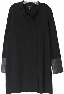 EILEEN FISHER Black LEATHER & WOOL KNIT MOTO JACKET Sweater Coat SZ L - Picture 1 of 7