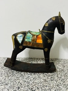 Vintage Antique Rocking Horse Decorated with Brass and Inlay 12” High - Picture 1 of 12