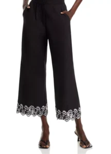 NWT Aqua Women’s High-Rise Pleated Lace Trim Black Cropped Wide Leg Pants Small - Picture 1 of 4