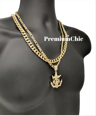 Jesus Anchor Pendant w 24" Figaro & Cuban Link Chain Necklace Plated CZ Jewelry  - Image 1 of 4