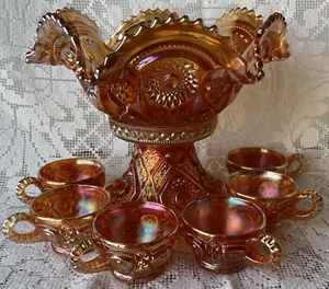 Mode Ringelblume Bowle Schale, Ständer und 6 Tassen Karneval Kaiser Glas 1915-1920 - Bild 1 von 11