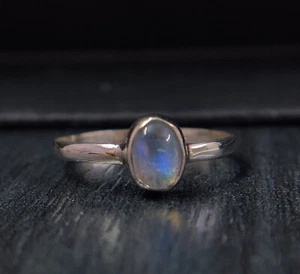Anello in argento sterling 925 con pietra di luna arcobaleno ovale naturale promessa sposa - Foto 1 di 13