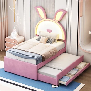 Polsterbett 90x200 Einzelbett Kinderbett Jugendbett mit Ausziehbares Bett Beige - Bild 1 von 10