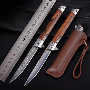Folding Knife Damascus Pattern Outdoor Pocket Jungle Hunting Sandal Wood Handle
