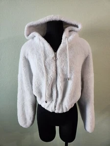 Fashion Nova Faux Fur White Plush Fuzzy Hooded Full Zip Jacket Coat Womens Large - Picture 1 of 11