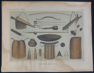 Impresión cromolitógráfica de herramientas indias de la década de 1850 del Pacific Railroad Survey - Imagen 1 de 3
