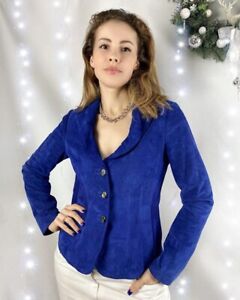 Escada blue purple 100% goat suede leather blazer jacket XXS Lined Button Up