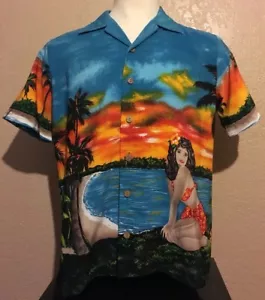 Kennington Herren mittelblau Hula Girl Palmen Sonnenuntergang Aloha Hawaiihemd M - Bild 1 von 8
