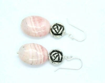 Brincos de prata esterlina 925 com pedra preciosa oval rosa rodocrosita 13 x 18 mm 1 1/2" - Imagem 1 de 4