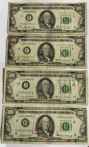 1969 Series E, F,J & H OF $100 Dollar  FEDERAL RESERVE BANKNOTES (4 NOTES) - Picture 1 of 2
