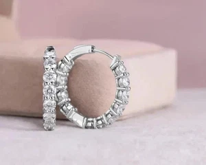 14K White Gold Plated 2Ct Round Cut Lab Created Diamond Huggie Hoop Earrings - Picture 1 of 5