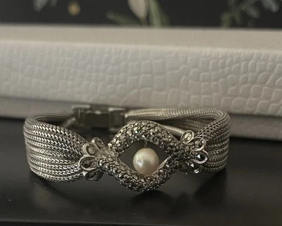 Vintage Silvertone Mesh Bracelet with Faux Pearl & Marcasite inserts With Clasp - Image 1 of 4