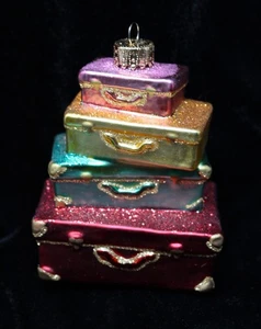 De Colección Sears Navidad Alrededor del Mundo Adorno Vidrio Soplado Apilado Equipaje Viaje - Imagen 1 de 18