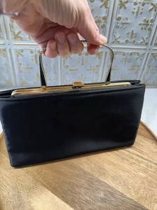 Vintage Ande clutch purse Black Satin Black Twisted Metal Handle With Gold Trim - Picture 1 of 14