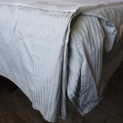 Damask Bedskirt QUEEN Dust Ruffle Sage Green Stripe Supima Cotton Split 14" Drop - Image 1 of 4