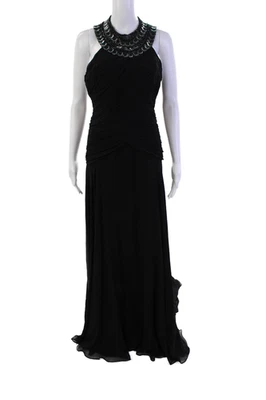 Naeem Khan Womens Back Zip Open Back Embellished Halter Gown Black Silk Size 6 - Image 1 of 4