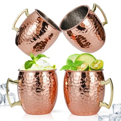 AMRULES Moscow Mule Mugs Set of 4, 16 OZ Hammered Copper Cups with 304 Stainless Stee...