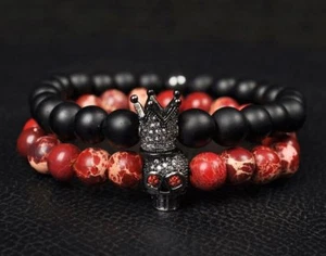 Hombres Piedra de Lava Cuentas Circón Negro Corona Calavera Ágata Roja Dije Pulseras Joyería - Imagen 1 de 16