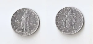 Vatican 2 lire 1953 Fortude standing with lion - Picture 1 of 1