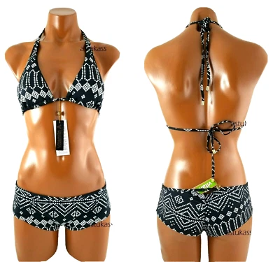 Vitamina A Slider Halter Top & Boyshort Bikini Bottoms Set XS / 4 negro blanco Foto 1 de 3