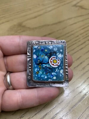 Pingente broche vintage Dan McCann 1999 #1056 arte esterlina Millefiori vidro - Imagem 1 de 2