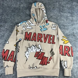 Marvel Hoodie Sweatshirt Mens Small Tan Graphic All Over Print Pullover Cartoon - Picture 1 of 6