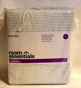 Room Essentials Microfiber Full Size Sheet Set White with Blue Stripe Carry Bag - Picture 1 of 8